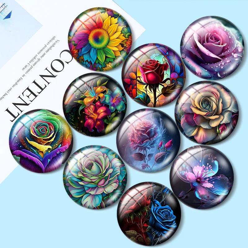 

Beauty Colorful flower 12mm/18mm/20mm/25mm Round photo glass cabochon demo flat back Making findings