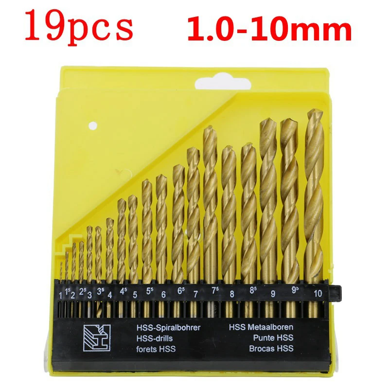 

19PCS 1-10mm Round Shank Twist Drill Bit Set Titanium Coated Hole Cutter High Speed Steel Gun Drill Bit Woodworking Metal Tool