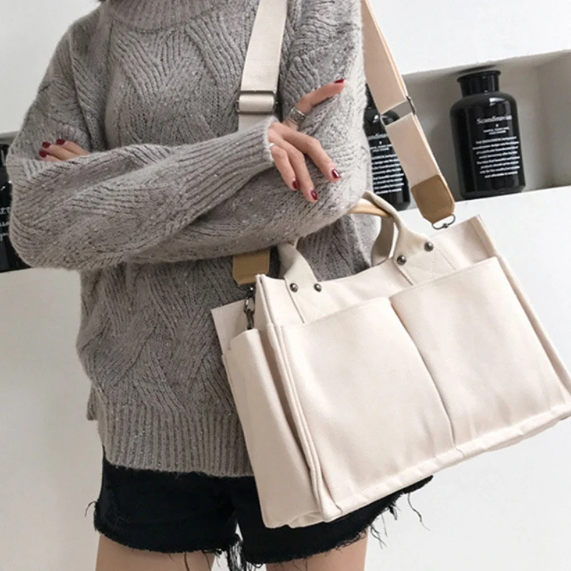 

2022 New Korean Large-Capacity Multi-Pocket Canvas Tote Bag Student Shoulder Messenger Crossbody Portable Female Big Handbag