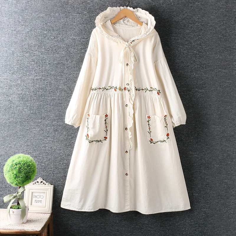 

2022 Spring New Sweet Embroidery Double Pockets Single Breasted Dress Women Hooded Dress ML020812