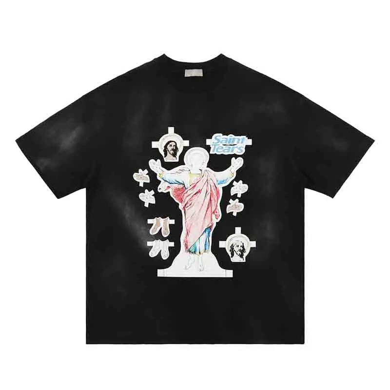 

Spring Summer Washed Retro Letter Cross Graffiti Short Sleeve Mens Tshirts Crew Neck Streetwear Cotton Tees Couple Loose Hip Hop