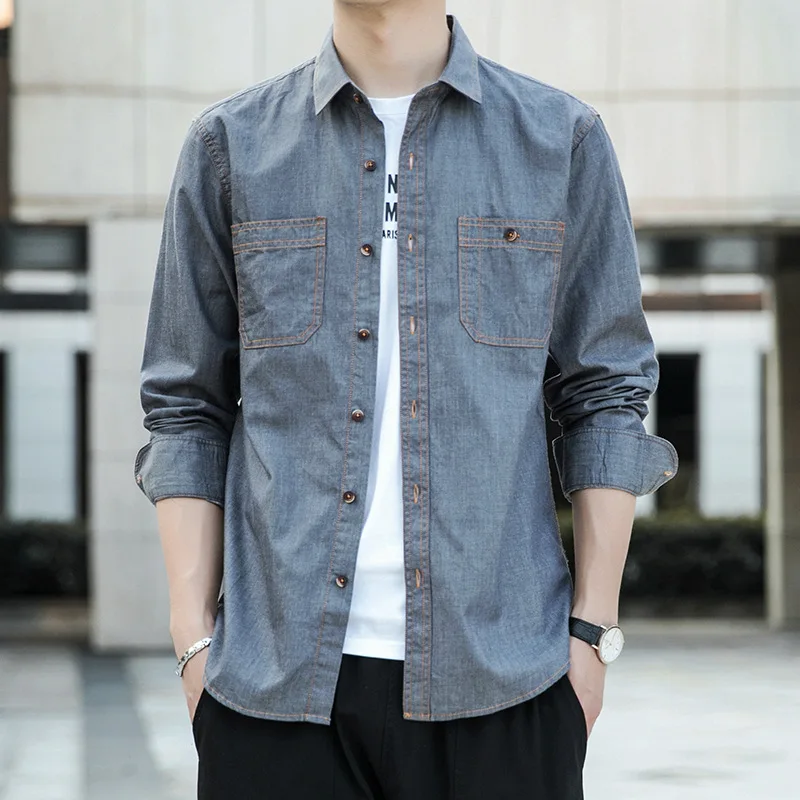 Solid Color Classic Men Denim Shirt Long Sleeve 100% Cotton Fashion Japanese Fresh Daily Casual Jacket Comfortable Soft Top