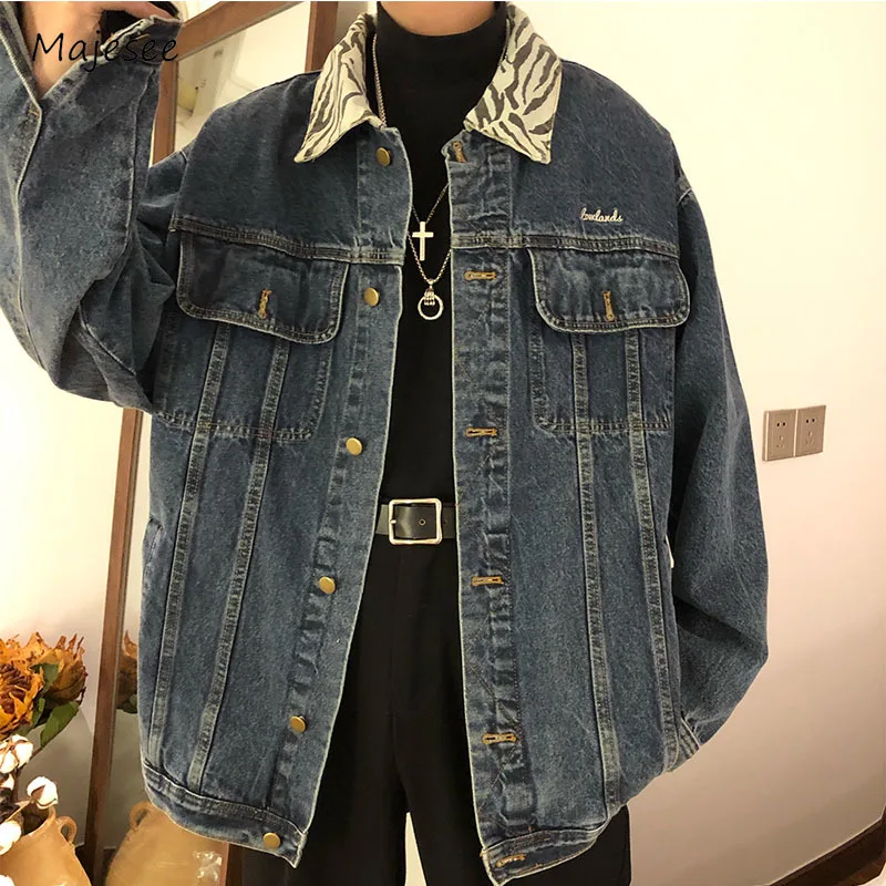 

Джинсовые мужские куртки в полоску зебра с отложным воротником мешковатые Ретро Стильные американские классические современные для отдыха популярные для фитнеса Ins