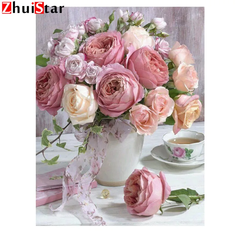 

Diy Square Drill Diamond Painting Cross stitch Mosaics Full 100% Cover Embroidery Flower"Peony&Tea" Diamond Embroidery WHH