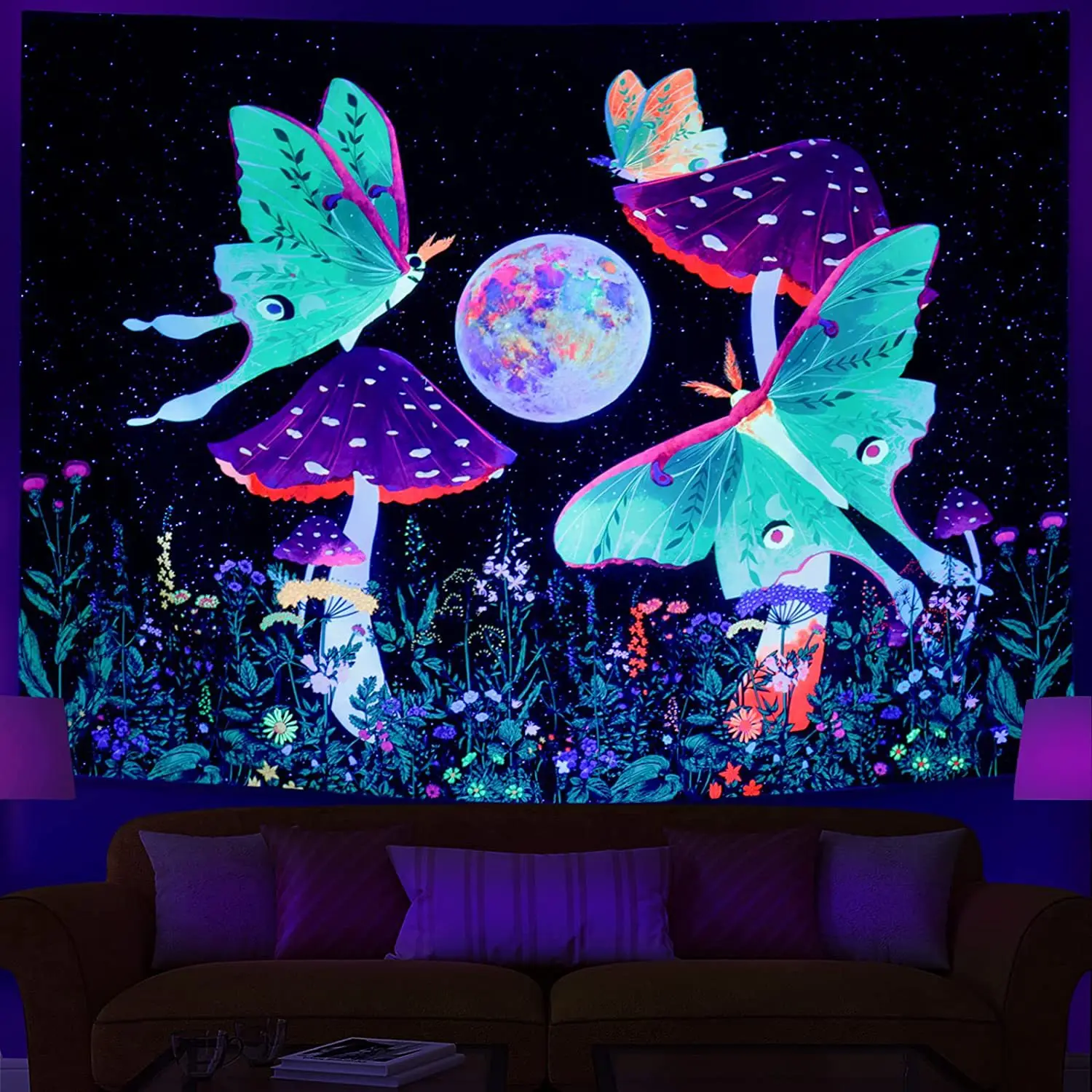 

Blacklight Tapestry Wall Hanging Cloth Trippy Butterfly Mushroom Psychedelic UV Reactive Neon Tapestries Bedroom Dorm Room Decor