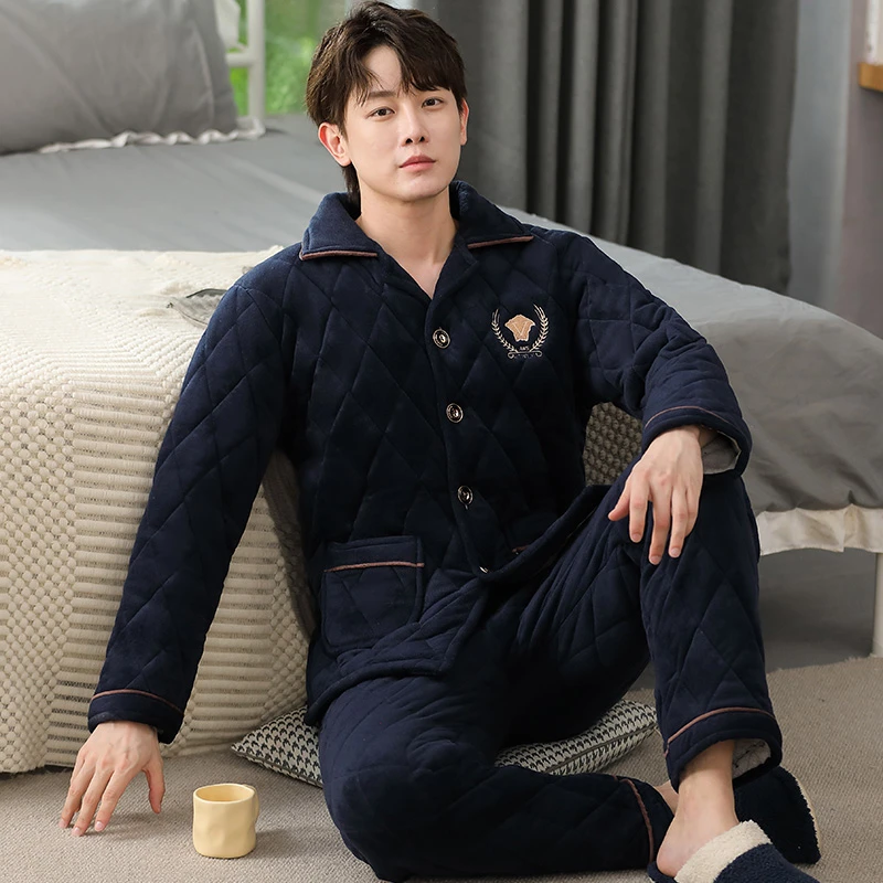

QUHENG Flannel Men's Pajamas Set Autumn Winter Long Sleeve Thicken Warm Sleepwear Pajama Sets Casual Sleep Lounge Pyjama Suit