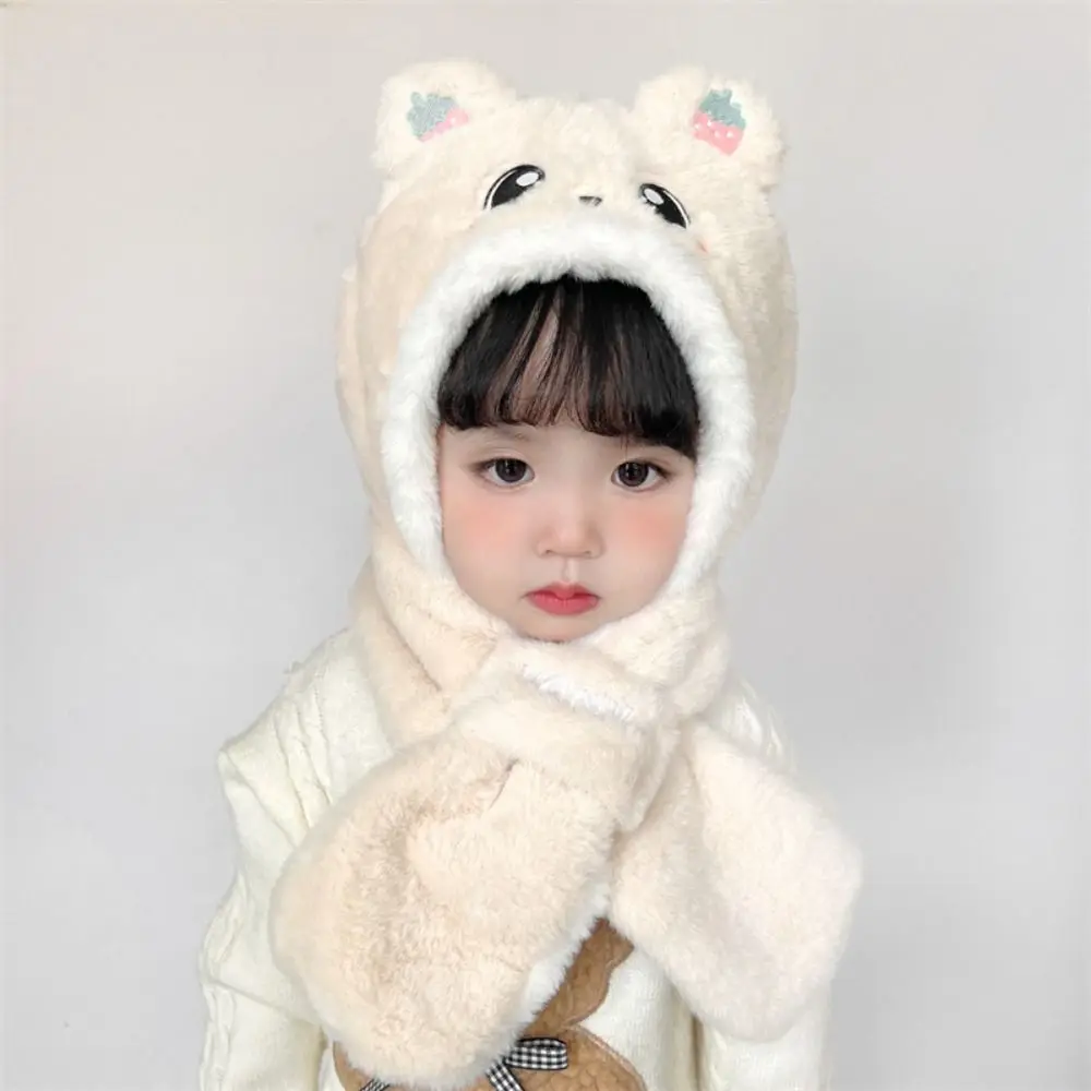 

Cashmere Inside Cute Scarf Hat Set Neck Warmer Full Face Cover Solid Neckerchief With Scarf Headwear Children Plush Beanie