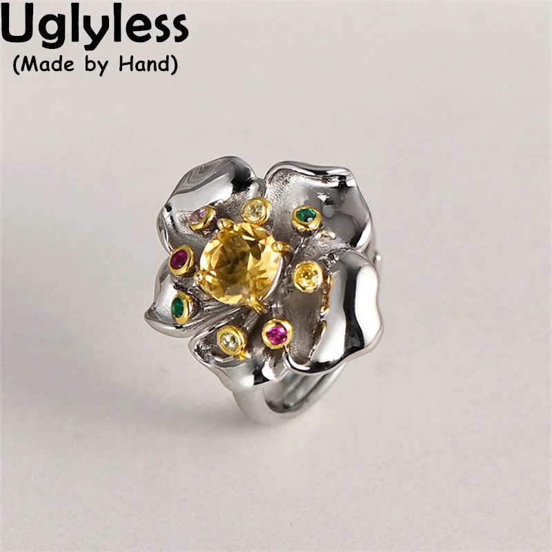 

Uglyless French Romantic Floral Rings for Women Unusual Blooming Flowers Ring Shining 925 Silver Jewelry Citrine Amethyst Rings