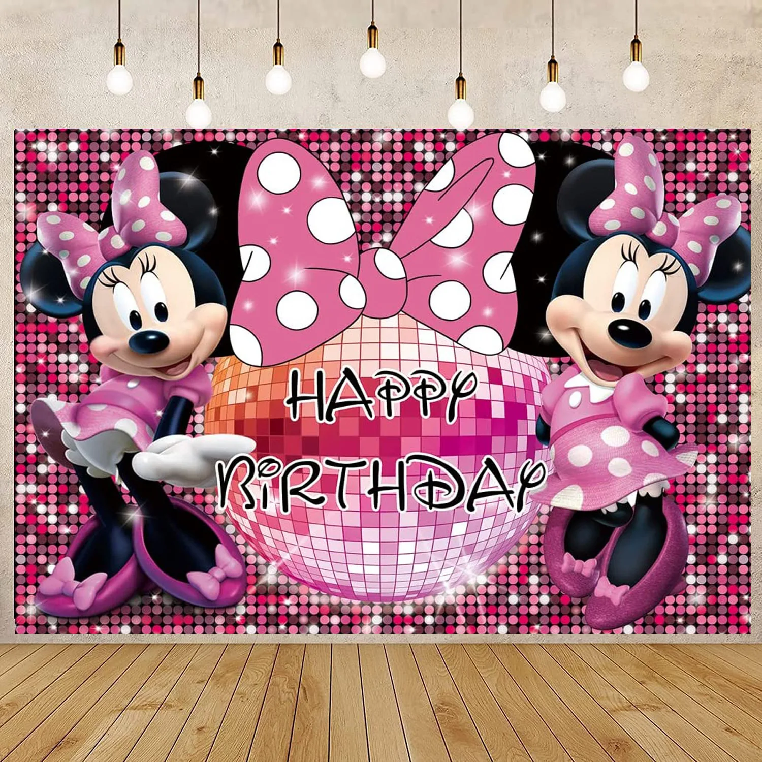 

Glitter Shiny Pink Disco Ball Big Bow Mouse Cartoon Theme Backdrop Happy Birthday Newborn Baby Shower First Communion Background