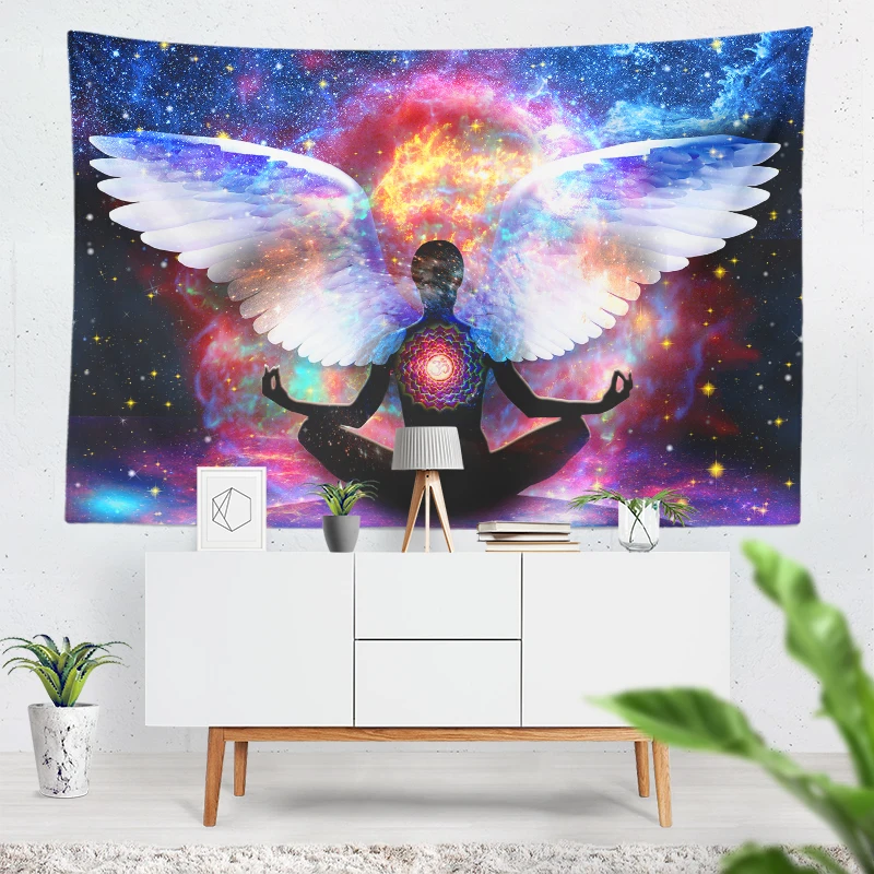 

Indian Buddha Statue Meditation 7 Chakra Tapestry Wall Hanging Mandala Tapestries Yoga Art Decor Cloth Psychedelic Angel Wings