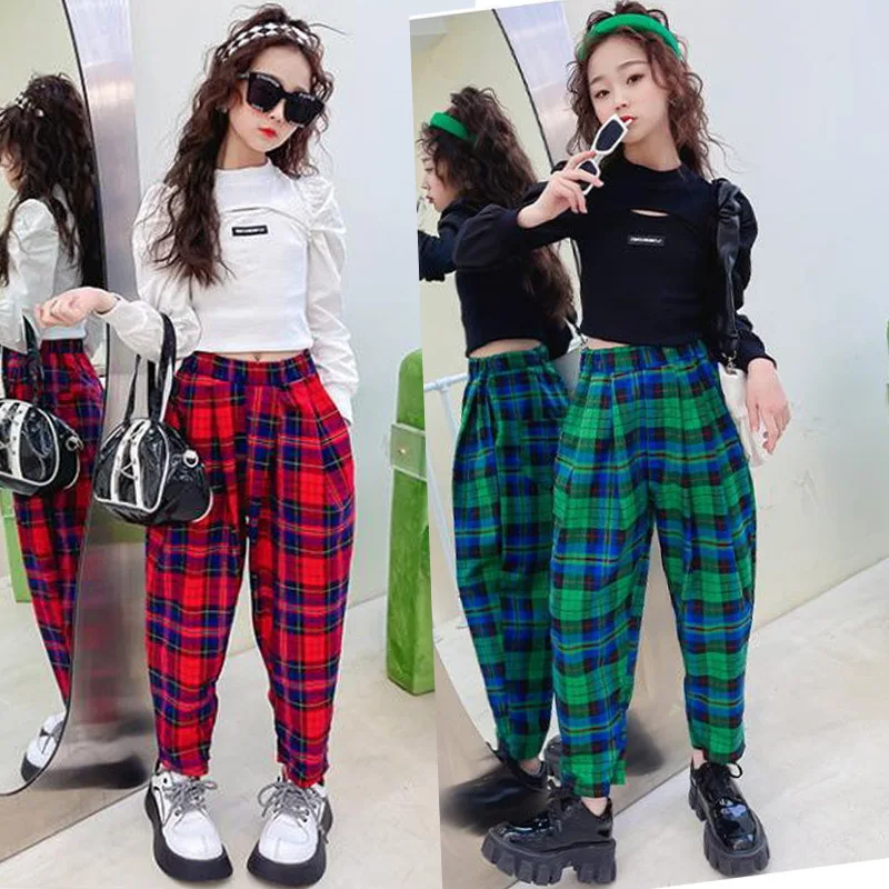 

Костюм для девочек на весну и осень, модель 2022 года, детский Блестящий + брюки в клетку, комплект из 2 предметов, детская одежда, модные наряды для девочек 5, 6, 8, 10, 13