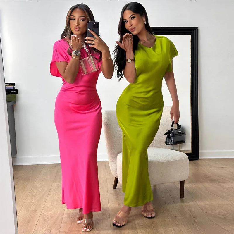 

Elegant Satin Bodycon Maxi Dress for Women Summer 2023 Short Sleeve Slim Fit Night Club Party Long Dresses Vestidos Para Mujer