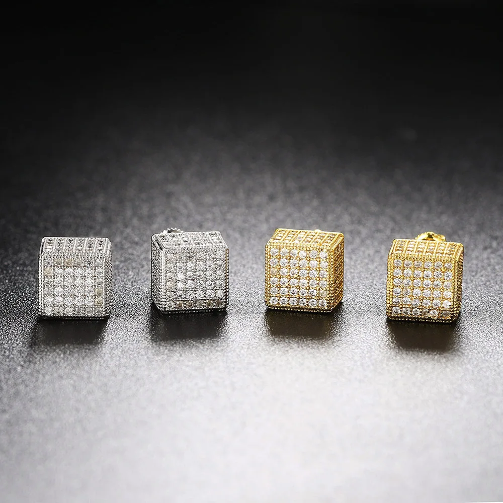 

Rock Hip Hop Iced Out Square Stud Earring For Men Women Gold Silver Color Copper Studded Zircon Piercing Ear Accessories 1pair