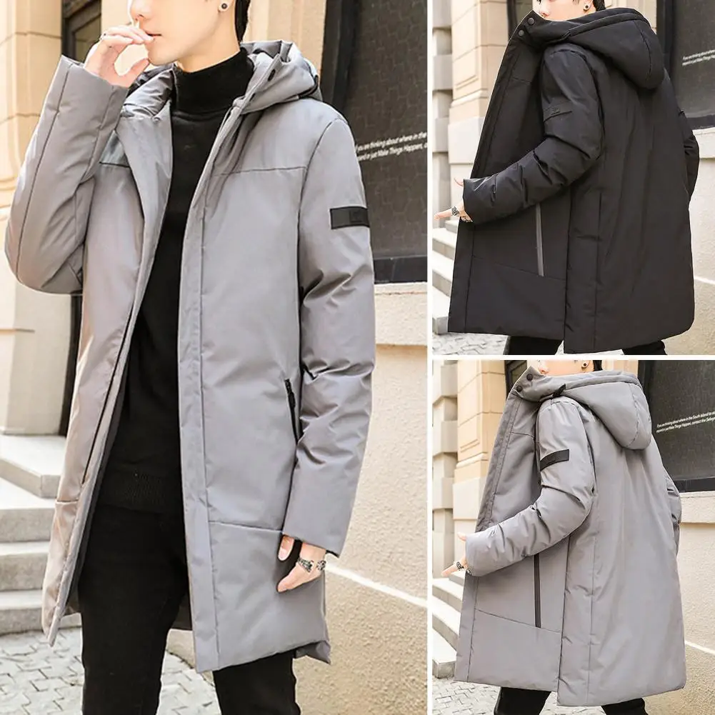 Men Winter Coat Thicken Mid Length Solid Color Padded Hooded Keep Warm Zipper Pockets Plus Size Winter Cotton Coat for Outdoor