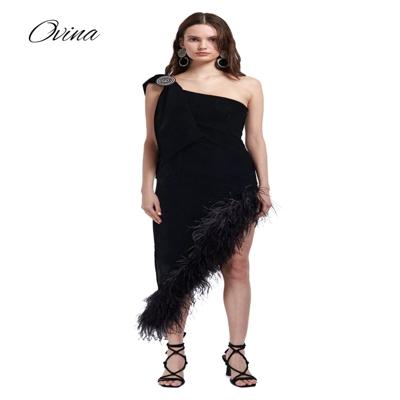 

One Shoulder Sexy Women's Dress New Feather Design Fashion Black Sleeveless Bandage Party Mini Dress