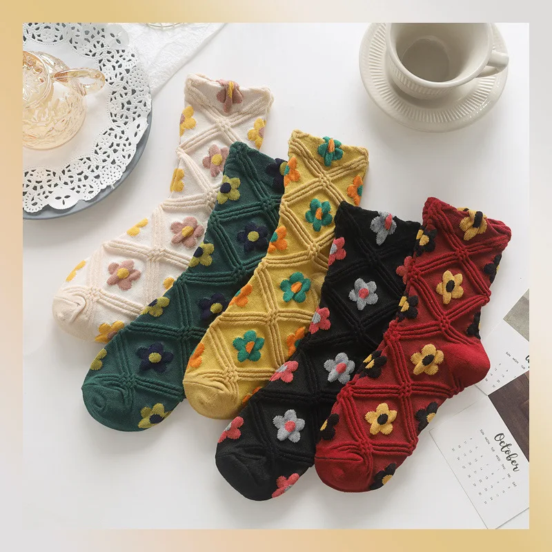 

South Korea Style Flowers Socks Japanese Retro Literary Diamond Lattice Ladies Socks Women Floral Cute Designer socks