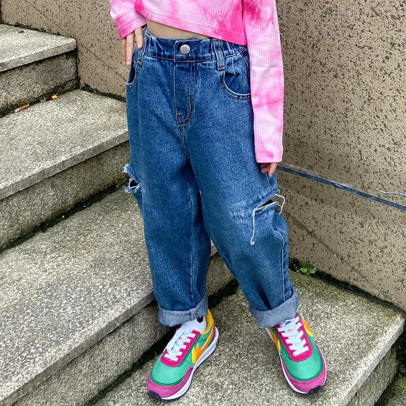 

Korean dark blue ripped jeans pants baby girls straight denim trousers capris baggy kids clothes distressed holes 4 to 14 yrs