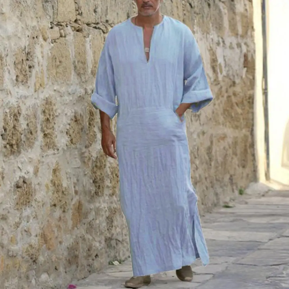 Portable Male Robe Skin-touch Long Shirt V Neck National Costume Men Clothing  Decorate