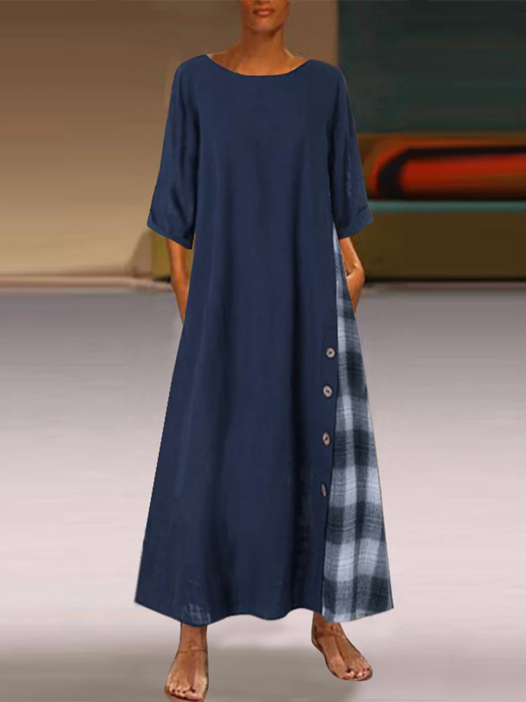 

ZANZEA Autumn Vintage Patchwork Sundress Women 3/4 Sleeve Plaid Checked Long Dress Robe Femme Casual Party Vestidos Oversize