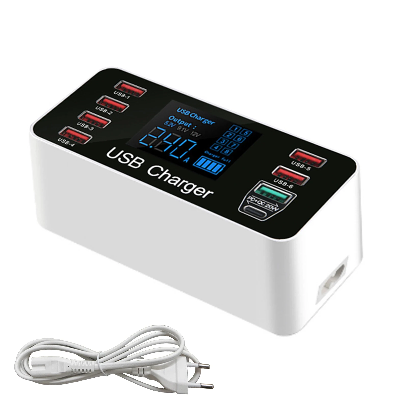 

40W USB Charger Office Home 8 Port Quick Charge Station Type C Portable Hub Desktop LED Display Tablet Mobile Phone