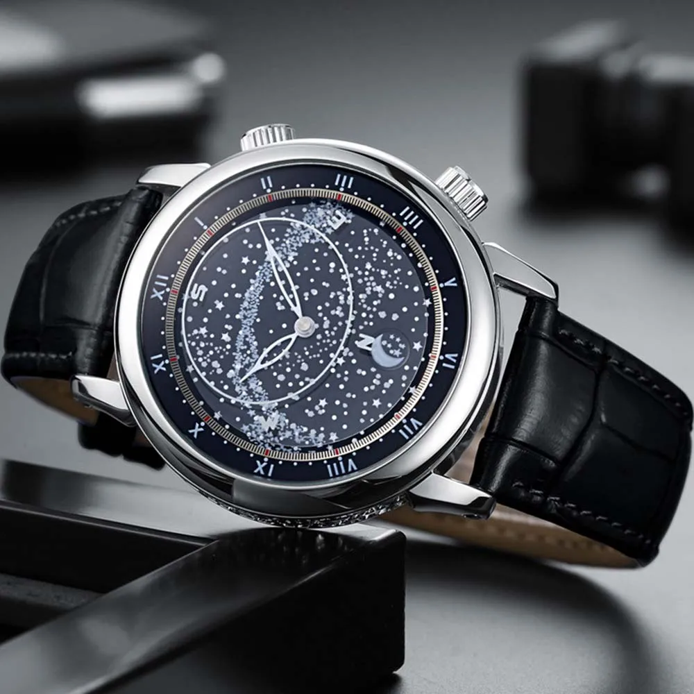 

New Luxury Men Watches Beautifully Designed Automatic Winding Rotate Mechanical Watch Gypsophila Sky Moon Phase Steel AAA Clocks