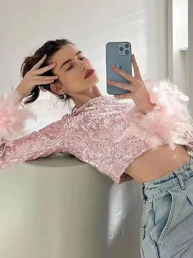 

Женский короткий топ с блестками KBAT, Розовый Топ с длинным рукавом и перьями, уличная одежда Y2k, 2023