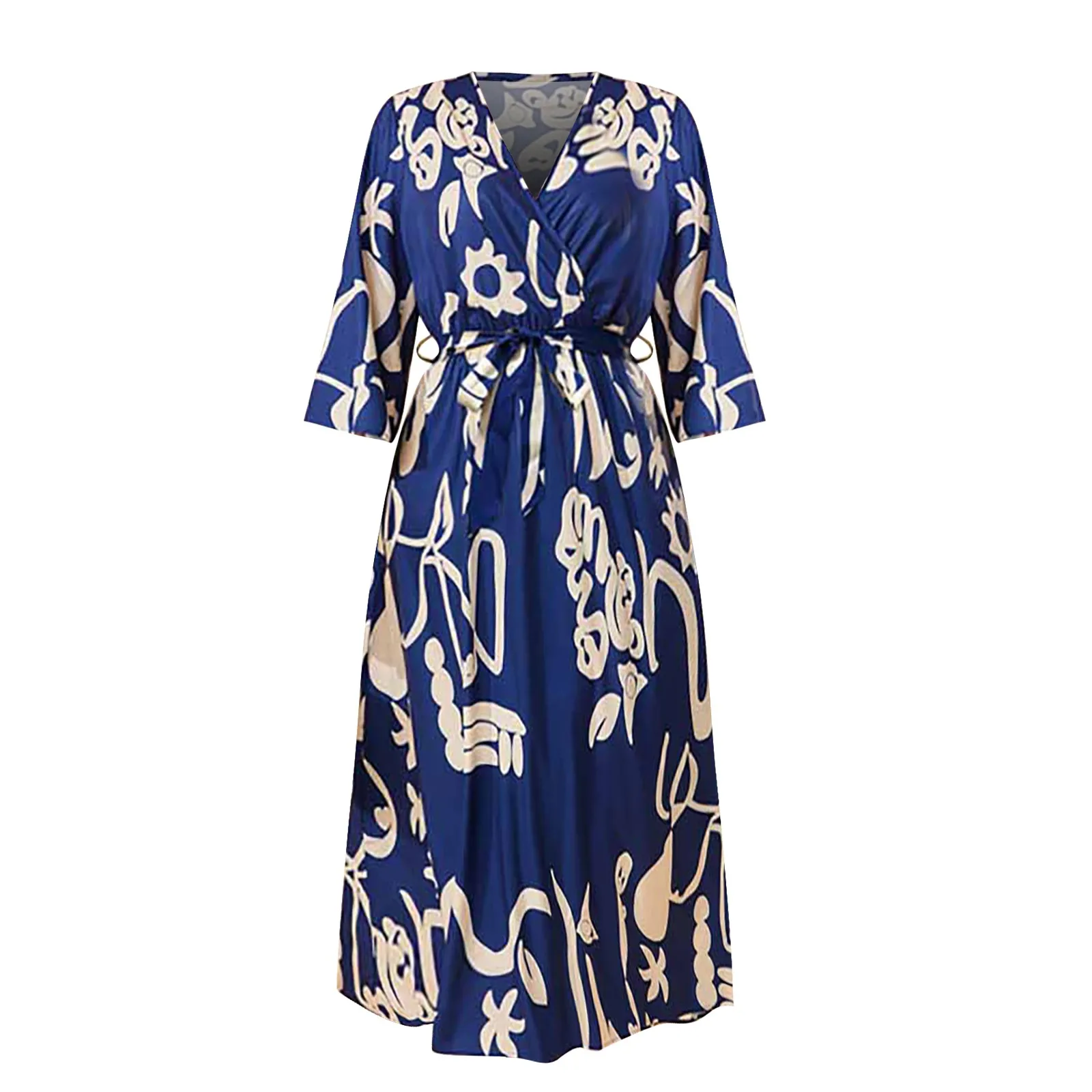 

Женские платья с V-образным вырезом, однотонные пляжные сарафаны средней длины с декоративными линиями, с рукавом средней длины, весна-лето