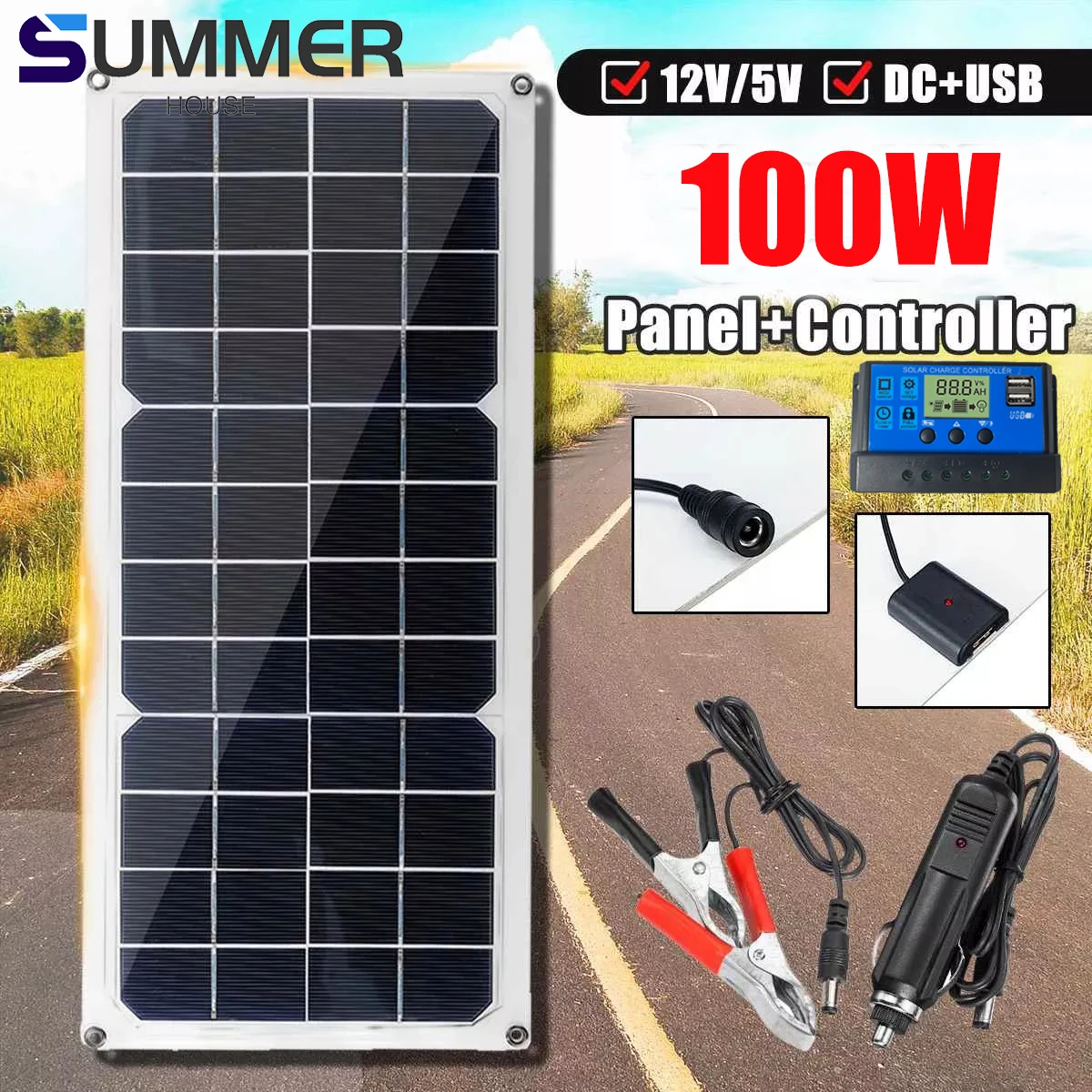 

100W Monocrystalline Silicon Solar Panel Kit 12V DC+USB Outdoor waterproof Power for Car Yacht RV Boat Phone Battery Charger
