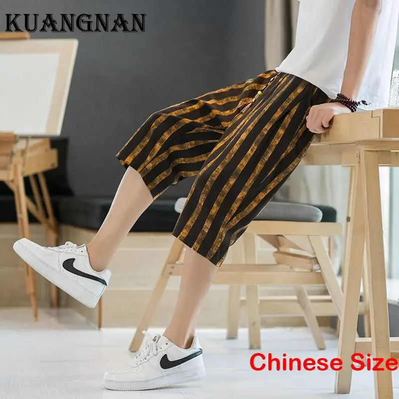 

KUANGNAN Linen Striped Men's Work Pants for Men Trousers Harajuku Fashion Mens Joggers Clothes Korean Clothing 5XL 2023 Summer