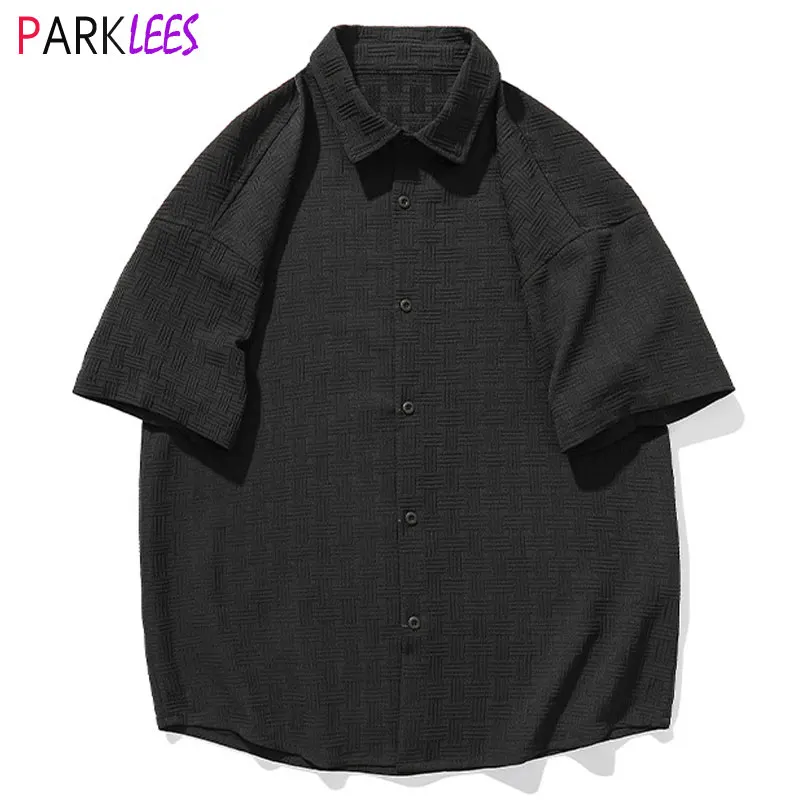 

Черная вафельная рубашка для мужчин, лето 2022, с коротким рукавом, на пуговицах, мужская повседневная рубашка в стиле хип-хоп, стрейчевая руба...