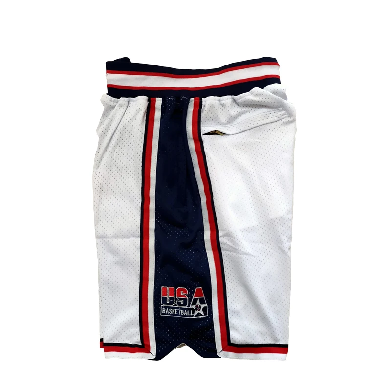 Basketball Shorts USA 1992 Zipper four pockets Sewing Embroidery Outdoor Sport Shorts High-Quality Beach Pants WHITE Blue 2023