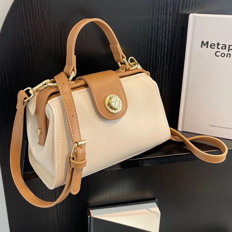 

Contrast Color Women's Shoulder Bag Lock Hand Bags for Womens Versatile Fashion PU Handbag Tote Handbags Womans Wallet Beige