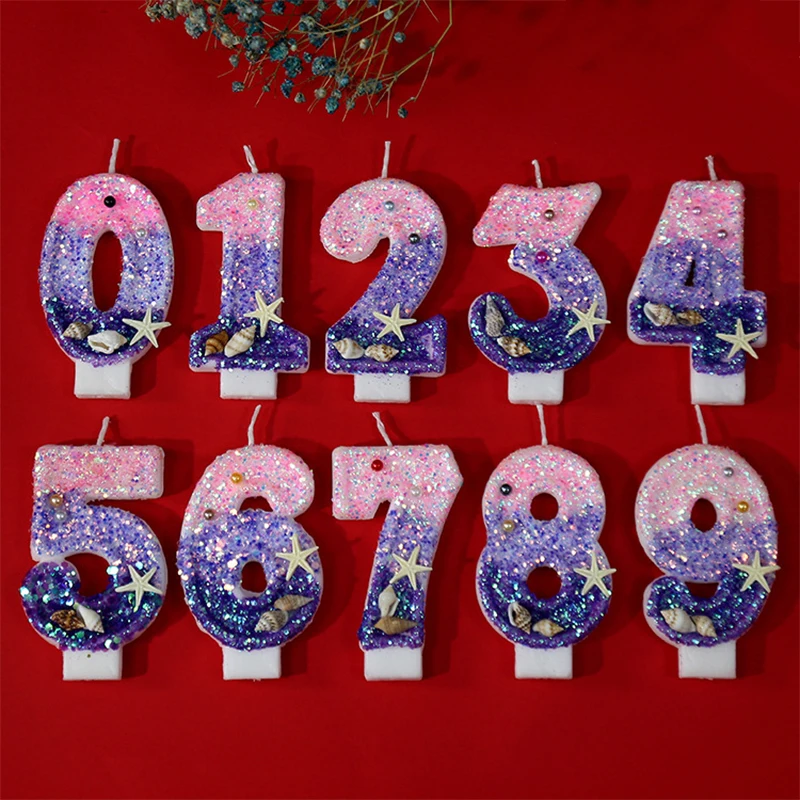 

New Birthday Number Candle Cake Topper Purple Starfish Children Baby Party One Year Old Dessert Decor Mermaid Baking Supplie