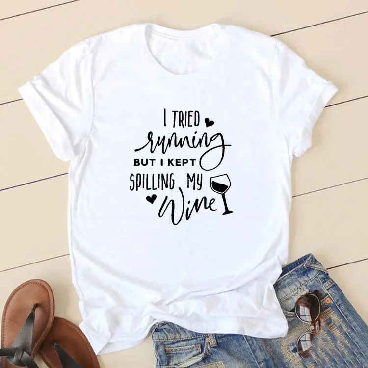 

Woman Black White Loose Tee Shirt Femme Tops Women MY WINE Graphic Print Tshirt Women Short Sleeve Cotton T Shirts