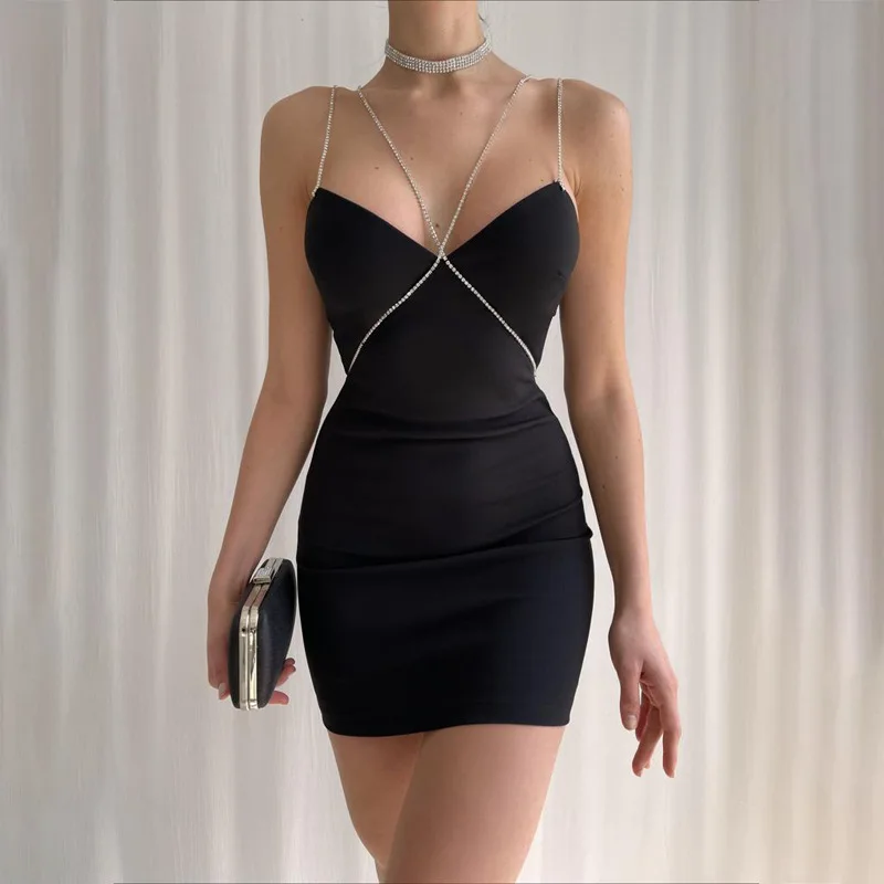 

Sexy Mini Dress Black V Neck Sleeveless Strap Slim Women High Waist Dress Party Club Dresses Summer Fashion Ladies Streetwear