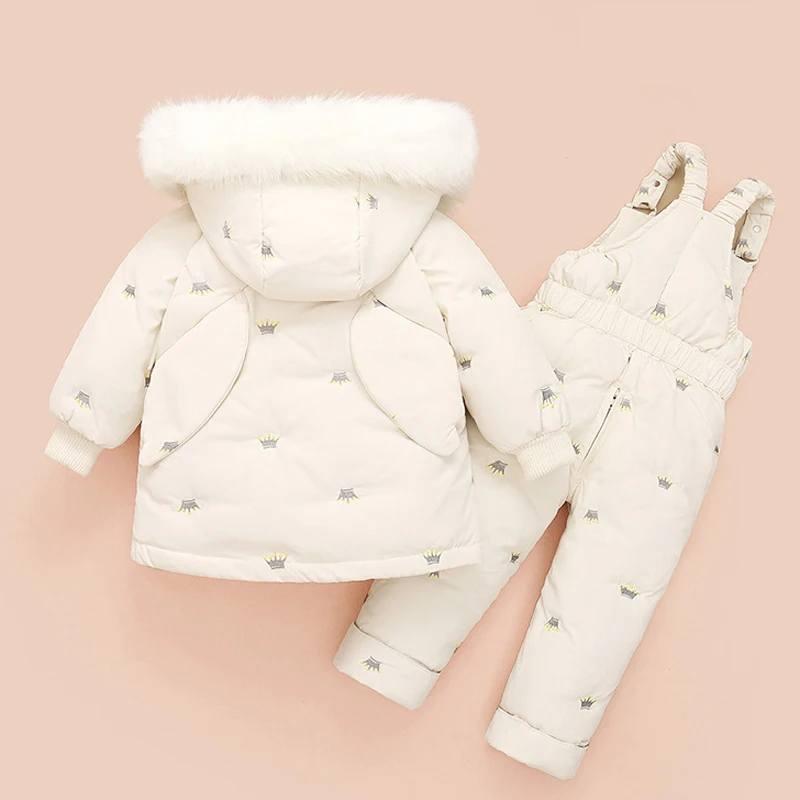 + Jumpsuit 2pcs Set Baby Girls White Duck Down Coats Parka Toddler Girl Clothes