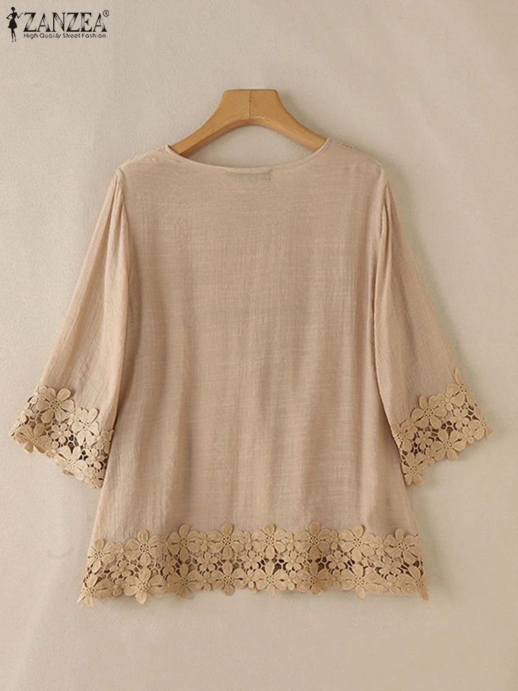 ZANZEA Блузки с кружевной отделкой и рукавами 3/4 однотонные женские блузки