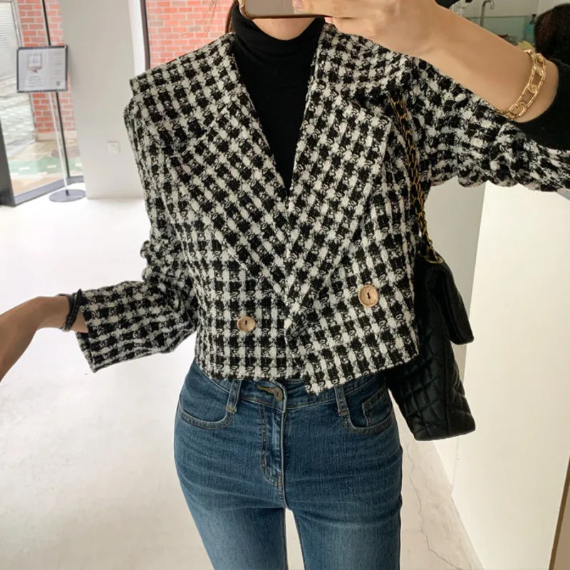 

Designer Fashion Button Single Breasted Short Jacke Coat Women Vintage Elegant Tweed Black Cosaco Outerwear Femme Clothes