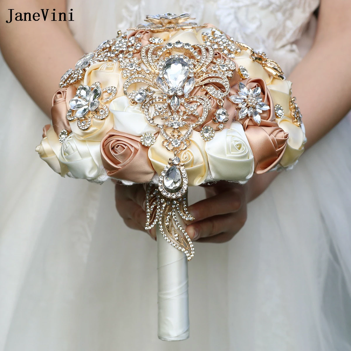 JaneVini Роскошные цветы абрикоса цвета хаки Свадебные букеты блестящие золотые