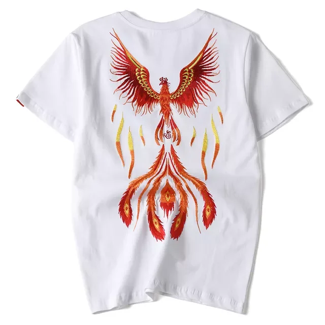 

NEW IN Brand 100% Cotton Embroidery Phoenix bird T-shirt Men's O-Neck Thin Shirt Tees Tops Male Black Chinese style M-XXXXL