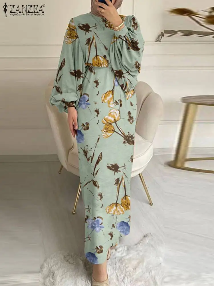 Женское весеннее мусульманское платье ZANZEA с цветочным принтом, модная Праздничная элегантная Абая кафтан, сарафан с длинным рукавом и круг...
