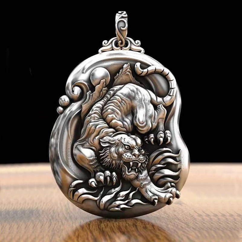 

National Tide Safe Pendant Uphill Tiger Pendant Silver Medal Zodiac Guardian of This Life Buddha Domineering Fashion Necklace