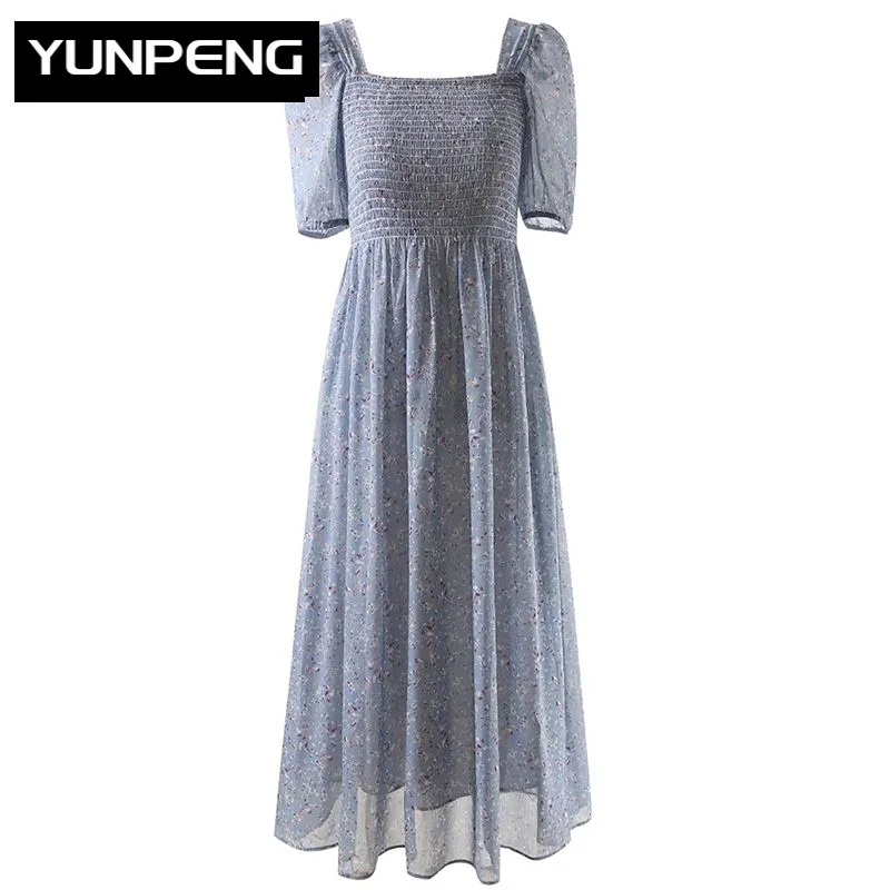 

Dresses For Women 2023 Summer Runway Luxury Designer Square Collar Short Sleeve Flower Print Elastic Waist Vintage Party Dress