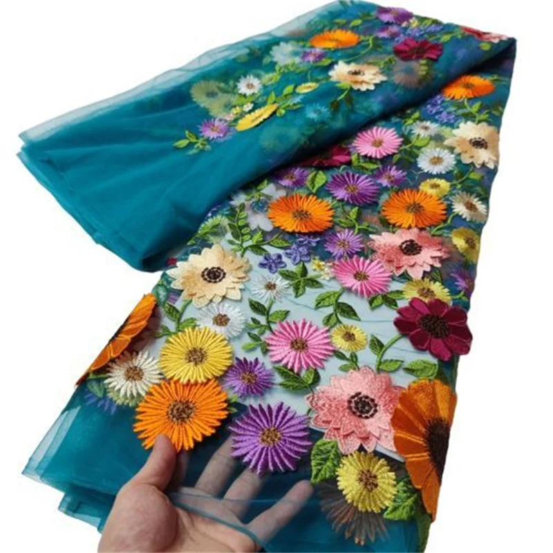 

French Milk Silk Lace 3D Flower Fabric 2021 High Quality African Lace Fabric Mesh Nigerian multicolor Lace Fabric For Wedding