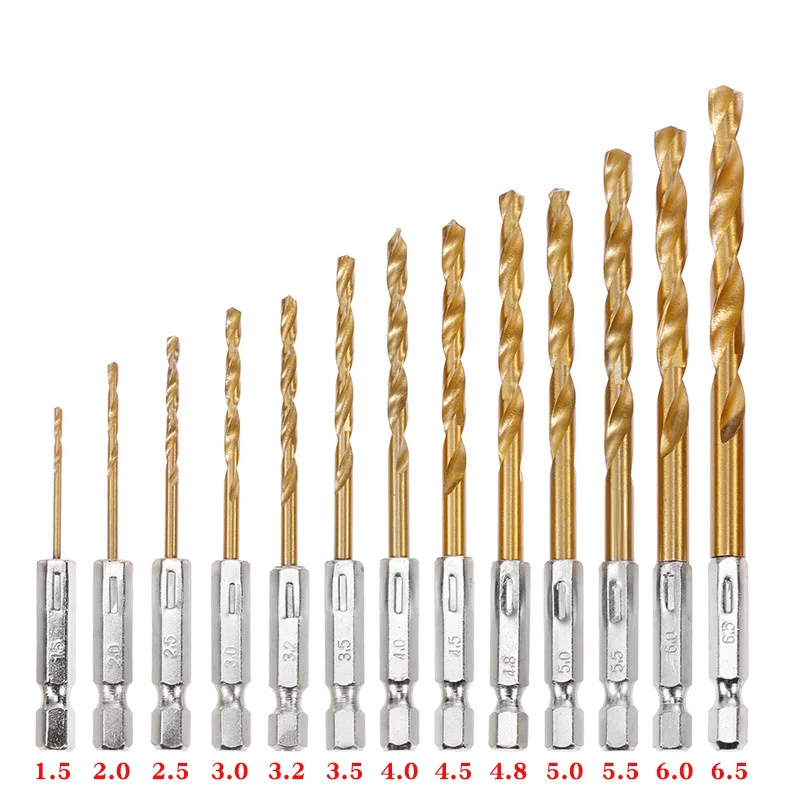 HSS High Speed Steel Titanium Coated Drill Bit Set 1/4 Hex Shank 1.5mm-6.5mm Hexagonal Handle Twist Drill  Brocas Tools