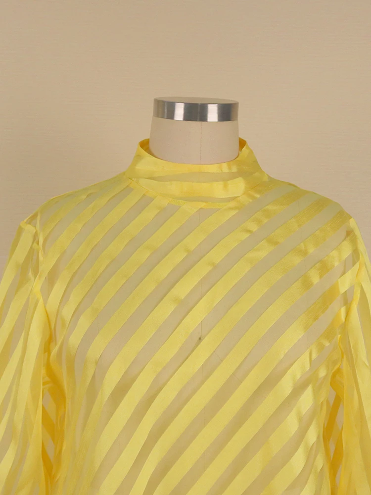 Платье-рубашка летнее прозрачное желтое с длинным рукавом воротником-стойкой -