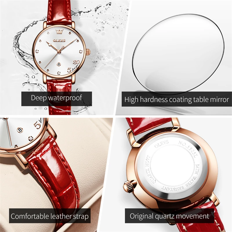 OLEVS 2023 New Luxury Bracelet Necklace Suit Quartz Watch for Women Fashion Leather Strap Waterproof Calendar Womens Watches