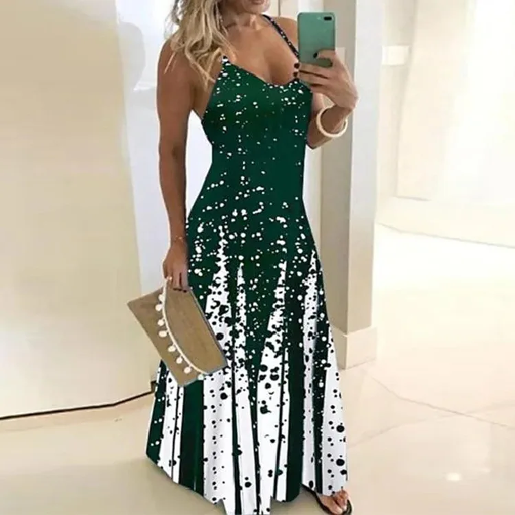 

Sleeveless printed suspender big hem dress Summer 2023 new women's long skirt