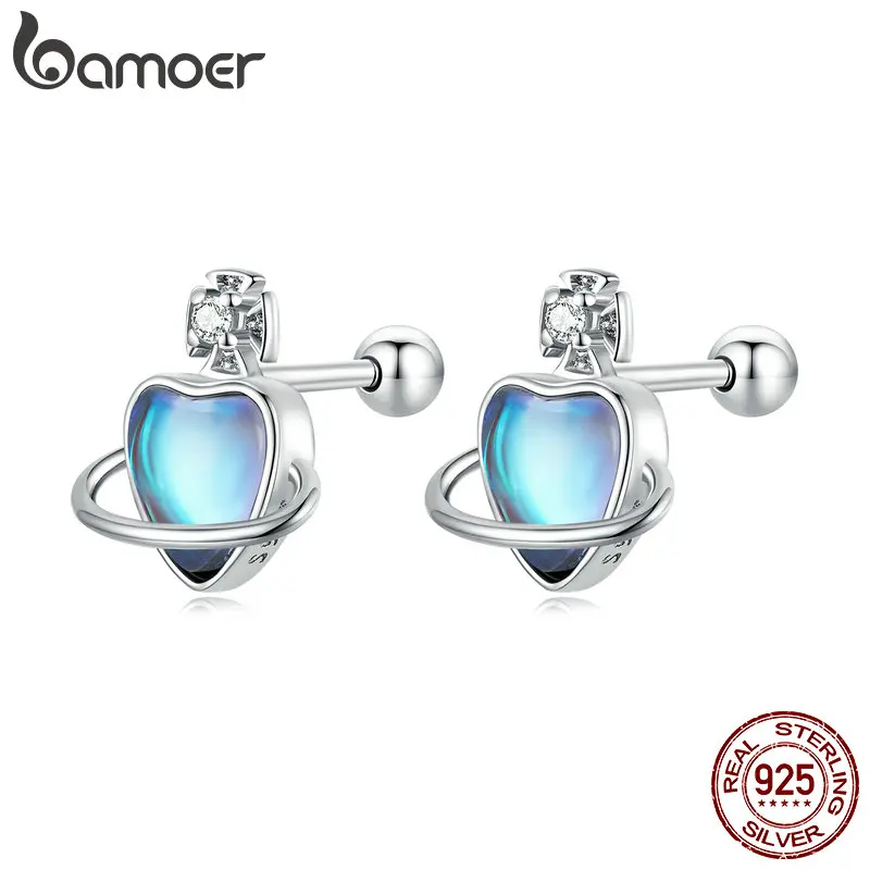 Bamoer 925 Sterling Silver Love Planet Stud Earrings for Women Fine Jewelry Simple Blue Heart Earrings Anniversary Gift BSE673