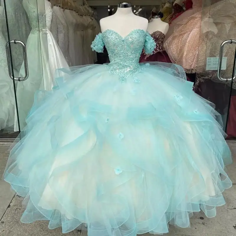 Элегантное бальное платье цвета морской волны Quinceanera 2025 с короткими рукавами и